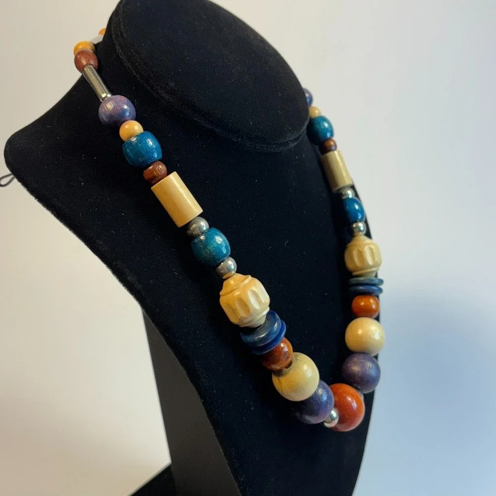 Chunky Vintage Necklace Wood Beads Boho Colorful Eye Catching‎